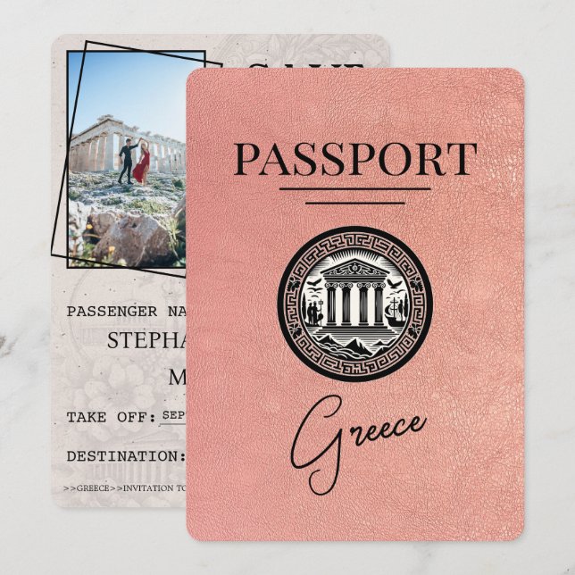 Rose Gold Greece Passport Save the Date Karte (Vorne/Hinten)