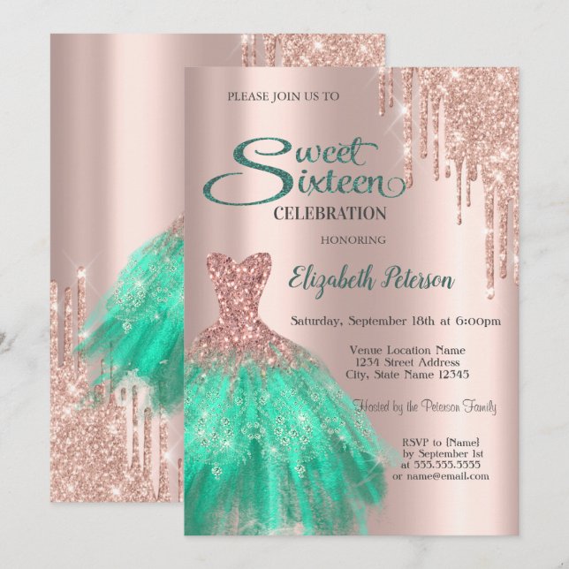 Rose Gold Green Dress Sweet 16 Einladung (Vorne/Hinten)