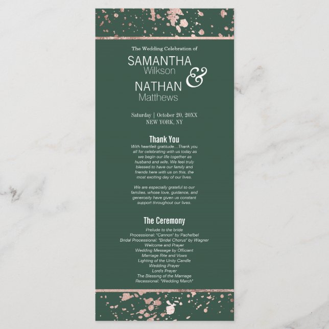 Rose Gold Green Paint Spritzers Hochzeitsprogramm Programm (Vorderseite)