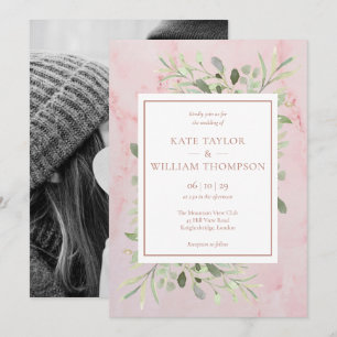 Rose Gold Grünzeug Blätter Foto Hochzeit Einladung