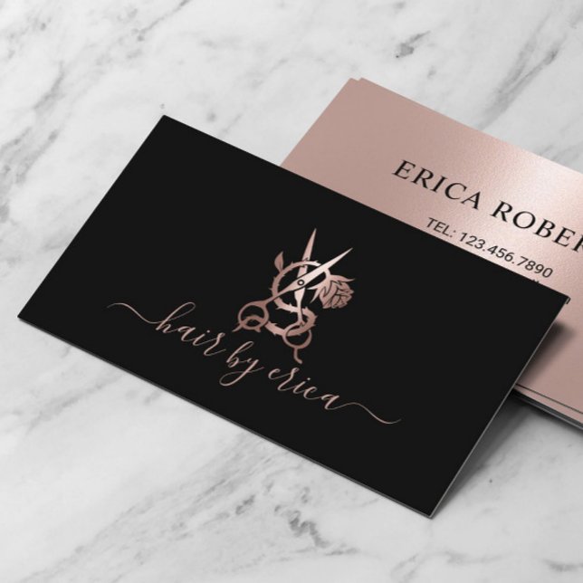 Rose Gold Hair Stylist Scissor & Rose Logo Salon Visitenkarte (Von Creator hochgeladen)