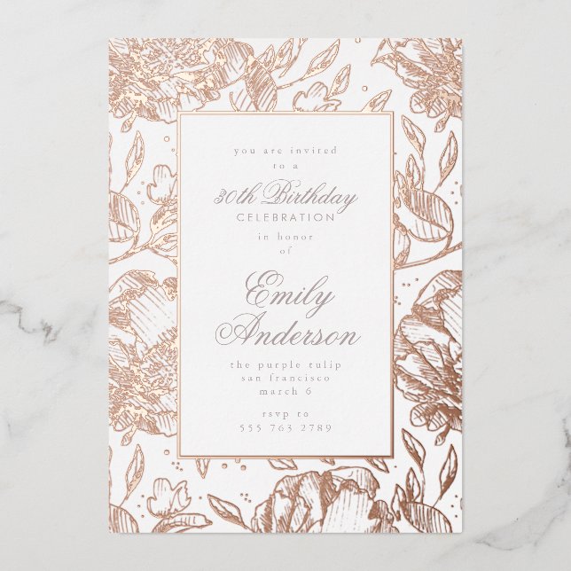 Rose Gold handgezogene Blüte Birthday Foil Invitat Folieneinladung (Vorderseite)