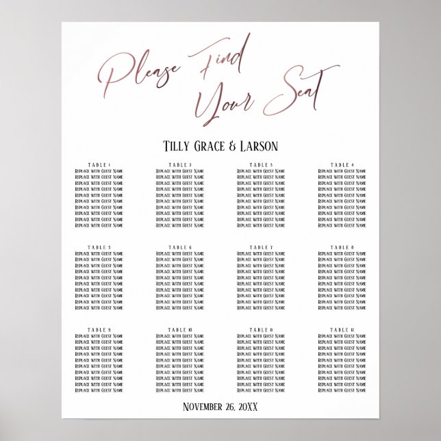 Rose-Gold-Handschrift-Empfangs-Sitzplan Poster (Vorne)