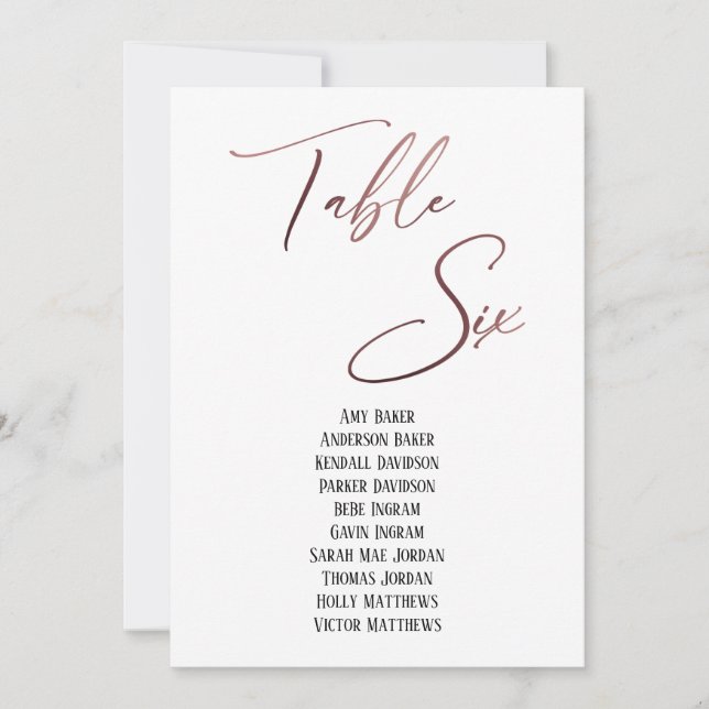 Rose Gold Handwriting Table Sechs Sitzplakette (Vorderseite)