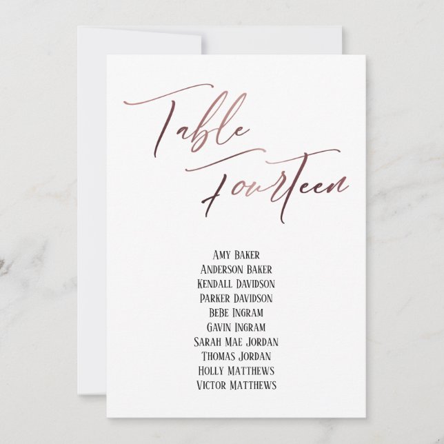 Rose Gold Handwriting Table Vierzehn Sitze Chart (Vorderseite)