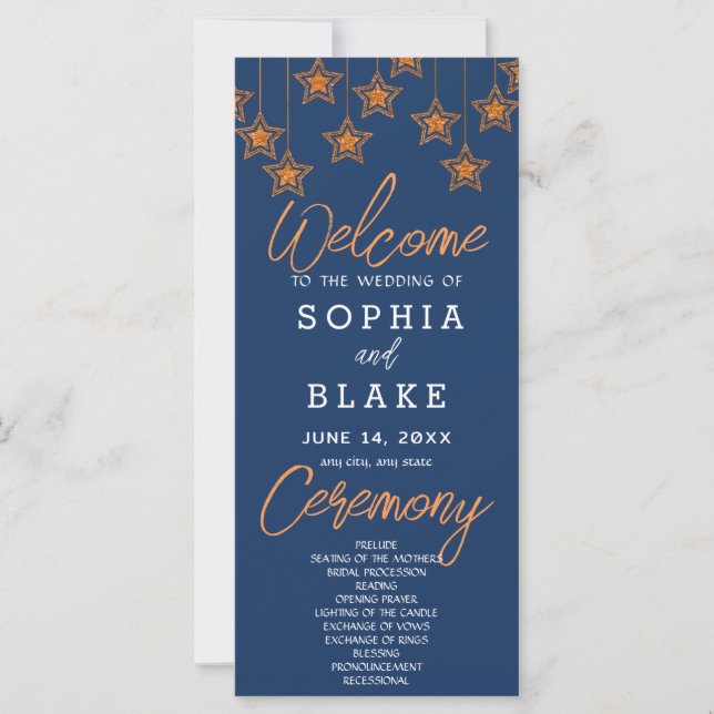 Rose Gold Hanging Stars Dark Blue Wedding Program (Vorderseite)