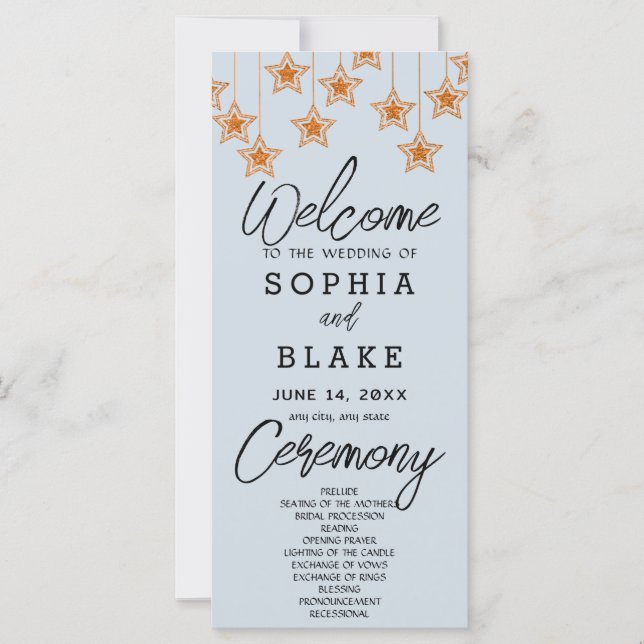 Rose Gold Hanging Stars Light Blue Wedding Program (Vorderseite)
