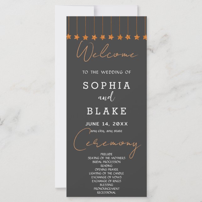 Rose Gold Hanging Stars Smoke Gray Wedding Program (Vorderseite)