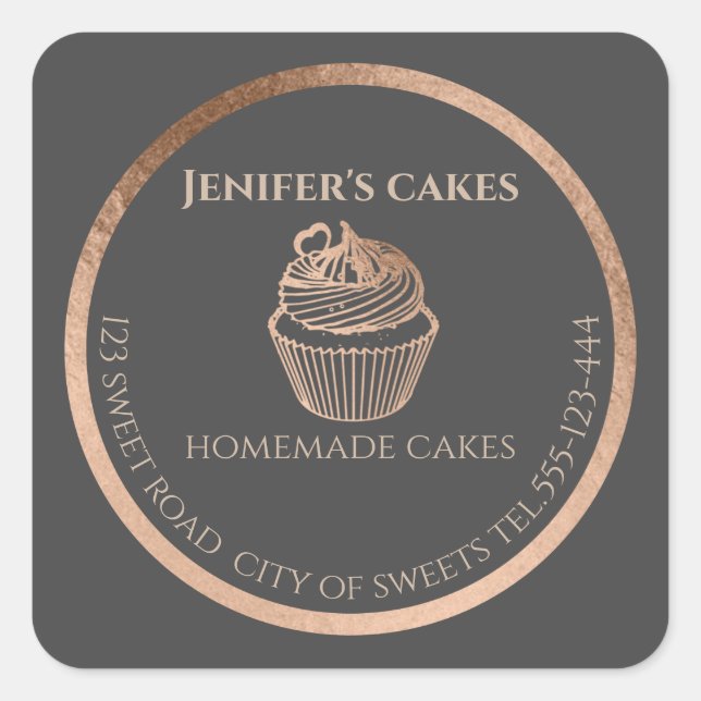 Rose Gold Hausgemachte Kuchen und Leckereien Verpa Quadratischer Aufkleber (Vorderseite)
