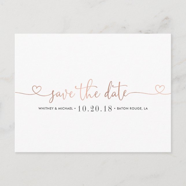 Rose Gold Heart Save the Date Ankündigungspostkarte (Vorderseite)