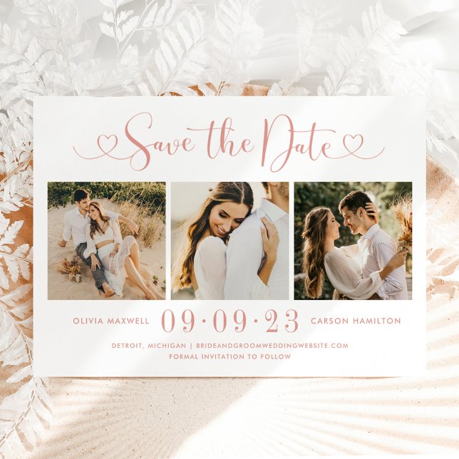 Rose Gold Heart Script 3 Foto Wedding Collage Save The Date (Von Creator hochgeladen)