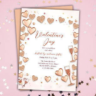 Rose Gold Hearts Champagne Valentine's Day Party Einladung