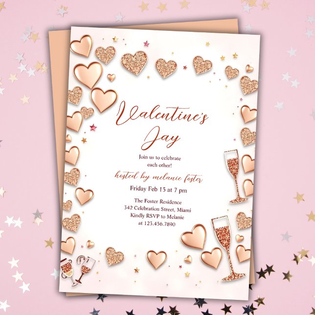 Rose Gold Hearts Champagne Valentine's Day Party Einladung (Rose Gold Hearts Champagne Valentine’s Day Party Invitation)