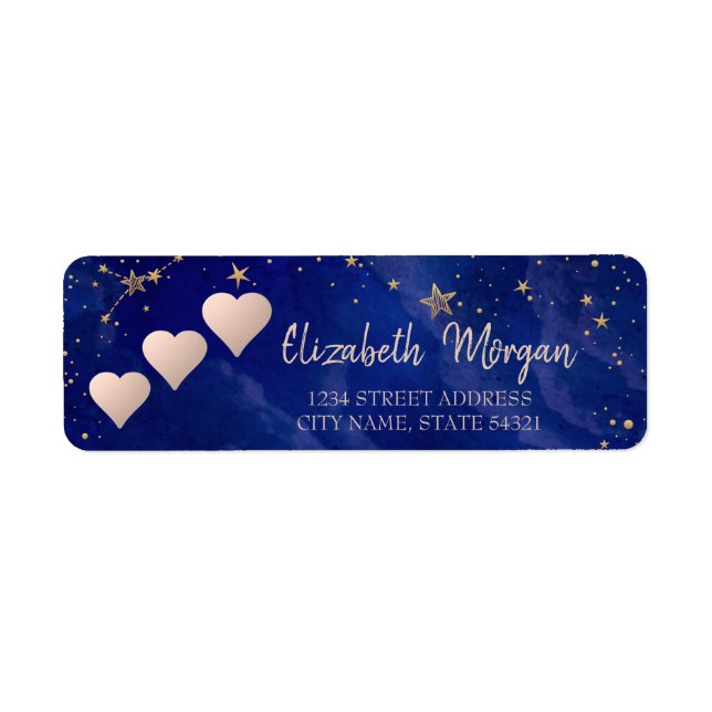 Rose Gold Hearts, Stars, Navy Blue Address Label (Vorne)