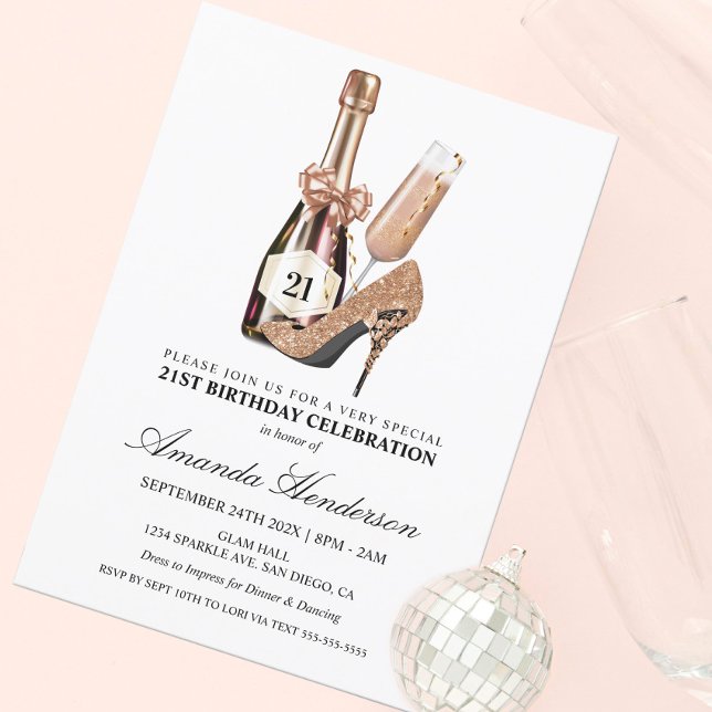 Rose Gold Heelse und Champagne Frauen zum Geburtst Einladung (Von Creator hochgeladen)
