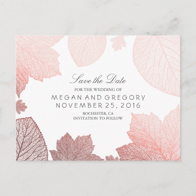 Rose Gold Herbstlaub Elegant Save the Date Ankündigungspostkarte (Vorderseite)