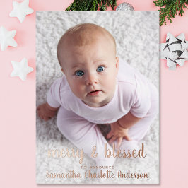 Rose Gold Holiday Foto Geburtsankündigung Folien Feiertagskarte