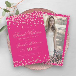 Rose Gold Hot Pink Confetti Foto Sweet 16 Einladung