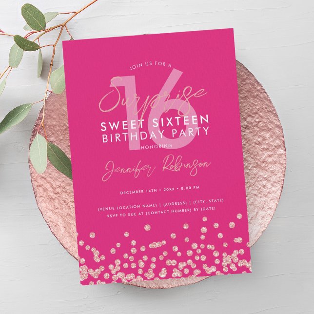 Rose Gold Hot Pink Glitzer Überraschung Sweet 16 Einladung (Rose Gold Hot Pink Glitter Surprise Sweet 16 Invitation)