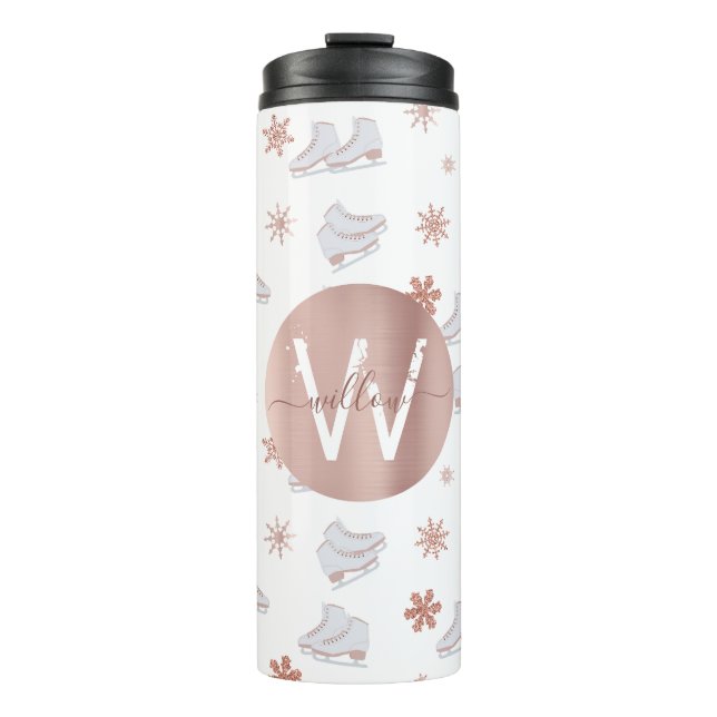 Rose Gold Ice Skate Rosa Skaten Monogram Thermosbecher (Vorderseite)