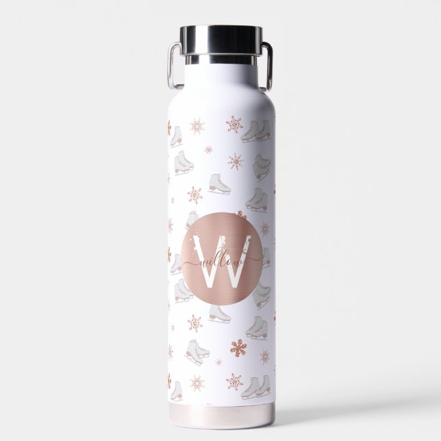 Rose Gold Ice Skate Rosa Skaten Monogram Trinkflasche (Vorne)