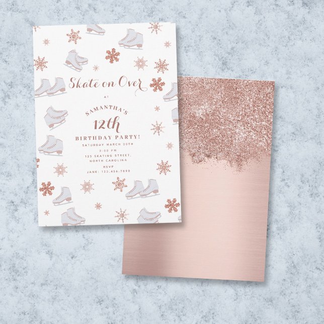 Rose Gold Ice Skates Blush Pink Skating Birthday Einladung (Rose Gold Ice Skates Blush Pink Skating Birthday Invitation)