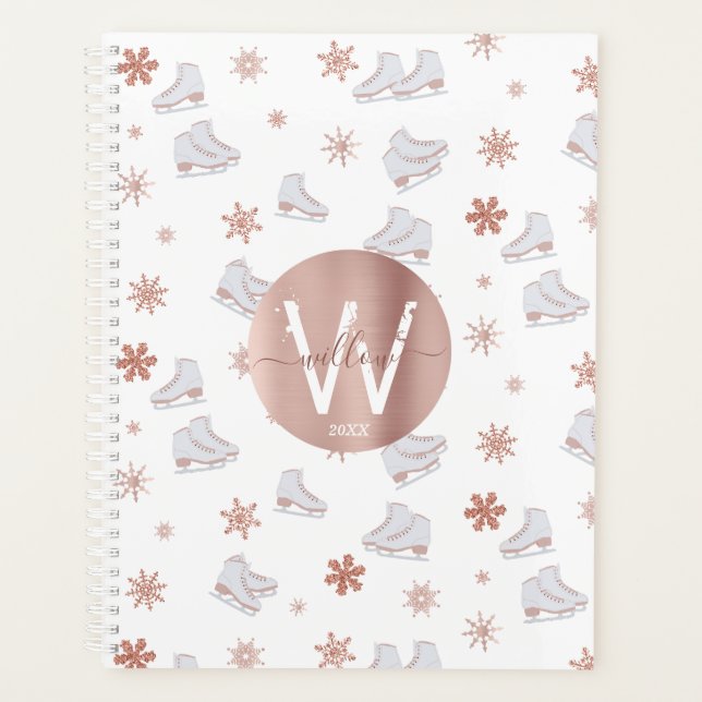Rose Gold Ice Skates Blush Pink Skating Monogram Planer (Vorderseite)