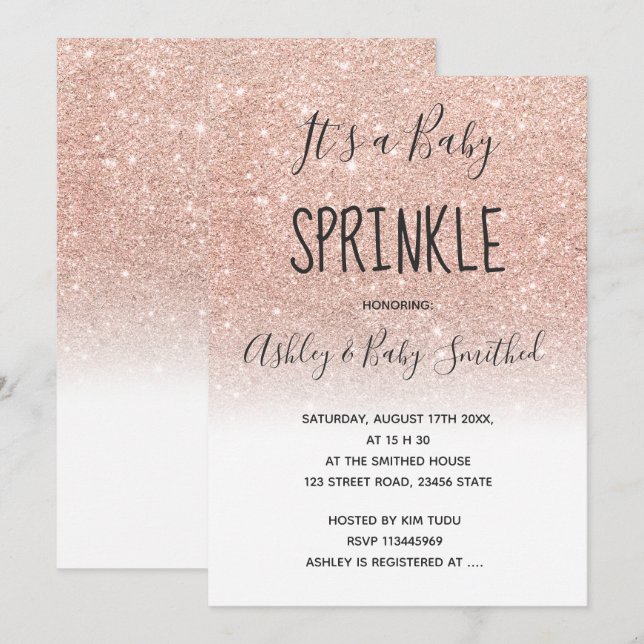 Rose Gold Imitat Glitzer Weiß Ober Babysprinkett Einladung (Vorne/Hinten)