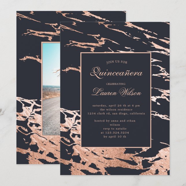 Rose Gold Imitate Folie Marmor Chinanera Einladung (Vorne/Hinten)