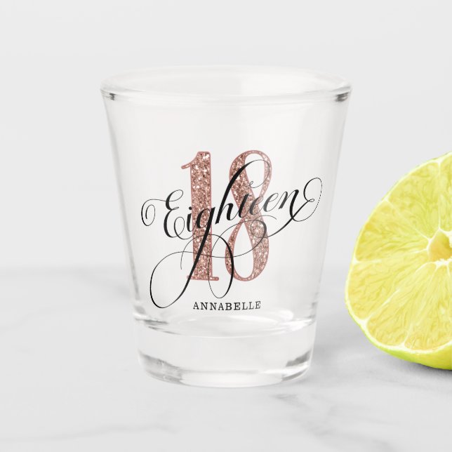 Rose Gold Imitate Glitzer 18. Geburtstag Shot Glas (Vorderseite)
