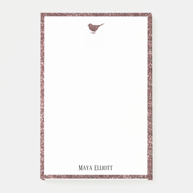 Rose Gold Imitate Glitzer Bird & Border auf Weiß Post-it Klebezettel (Vorderseite)