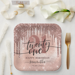 Rose Gold Imitate Glitzer & Foil 21. Geburtstag Pa Pappteller