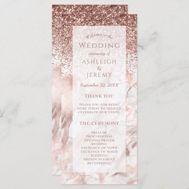 Rose Gold Imitate Glitzer Marble Wedding Programm (Vorne/Hinten)