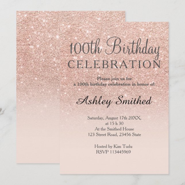 Rose Gold Imitate Glitzer Rosa ombre 100. Geburtst Einladung (Vorne/Hinten)