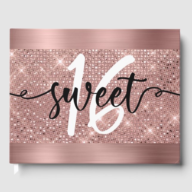 Rose Gold Imitate Shimmer & Foil Sweet 16 Gästebuch (Vorderseite)