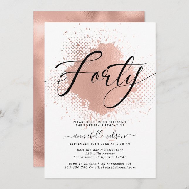 Rose Gold Imitats Foil 40. Geburtstag Einladung (Vorne/Hinten)