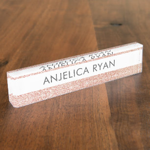Rose Gold Imitats Glitzer Personalisiert Beruflich Namensplakette