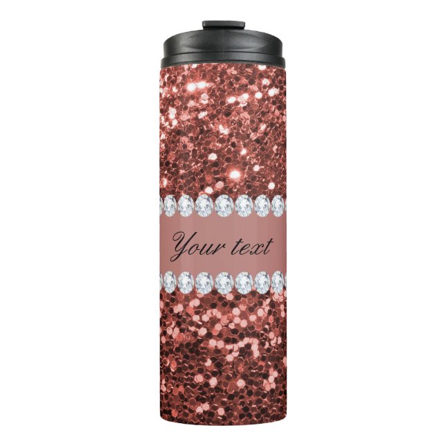 Rose Gold Imitats Glitzer und Diamanten Personalis Thermosbecher (Vorderseite)