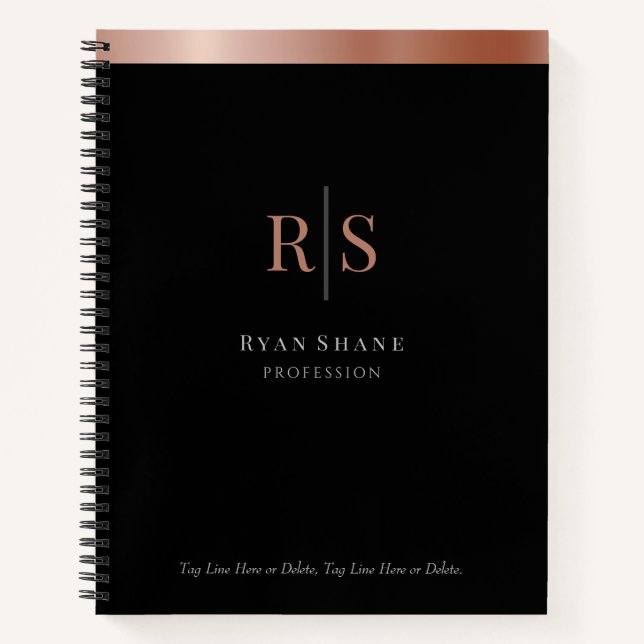 Rose Gold-Initialen, Firmenname, Schwarz/Grau Notizbuch (Vorderseite)