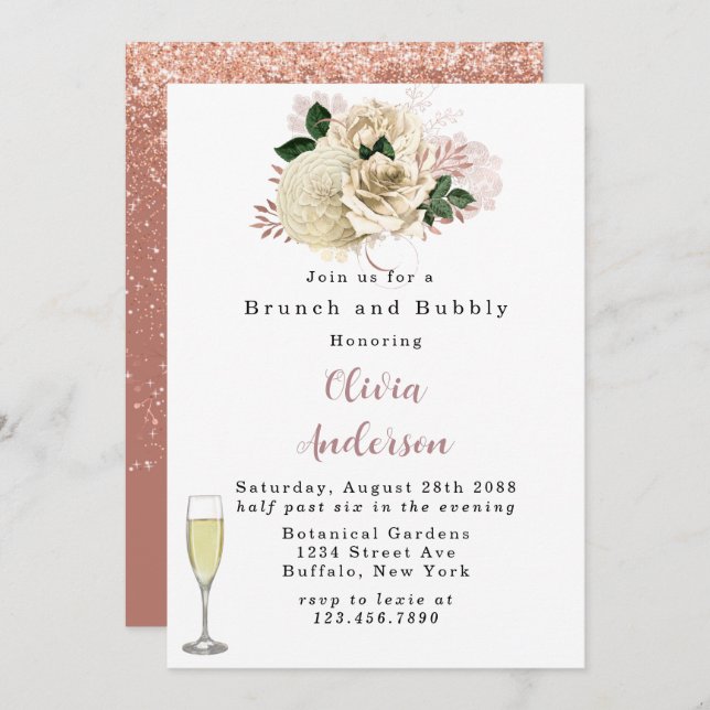 Rose Gold Ivory Rose Glitzer Brunch und Bubbly Inv Einladung (Vorne/Hinten)