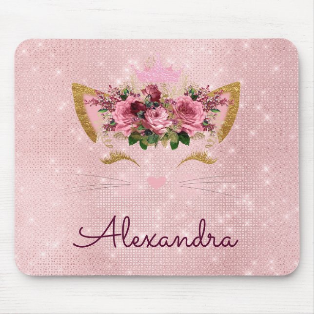 Rose Gold Kitty Sparkle Princess Monogram Name Mousepad (Vorne)