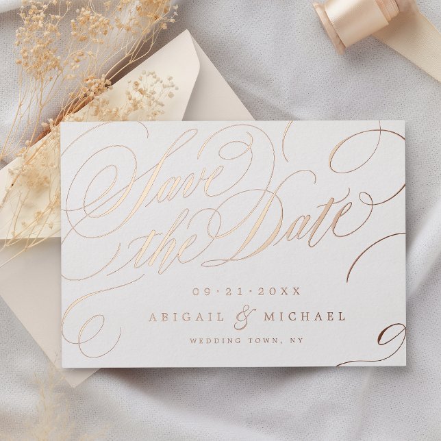 Rose Gold klassische Kalligraphie Save the Date Vi Folieneinladung (Rose gold classy calligraphy vintage save the date foil invitation)