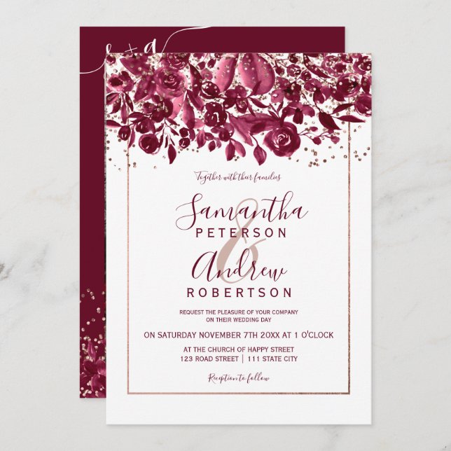 Rose gold Konfetti Bordeaux Foto Hochzeit Einladung (Vorne/Hinten)