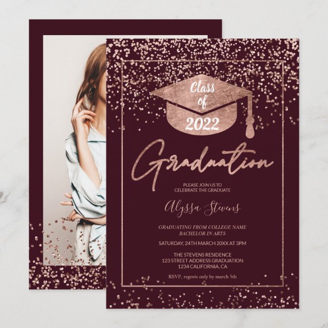 Rose gold Konfetti burgundy Drehbuch Abschluss Einladung (Vorne/Hinten)