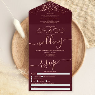 Rose gold Konfetti burgundy Skript Hochzeit All In One Einladung