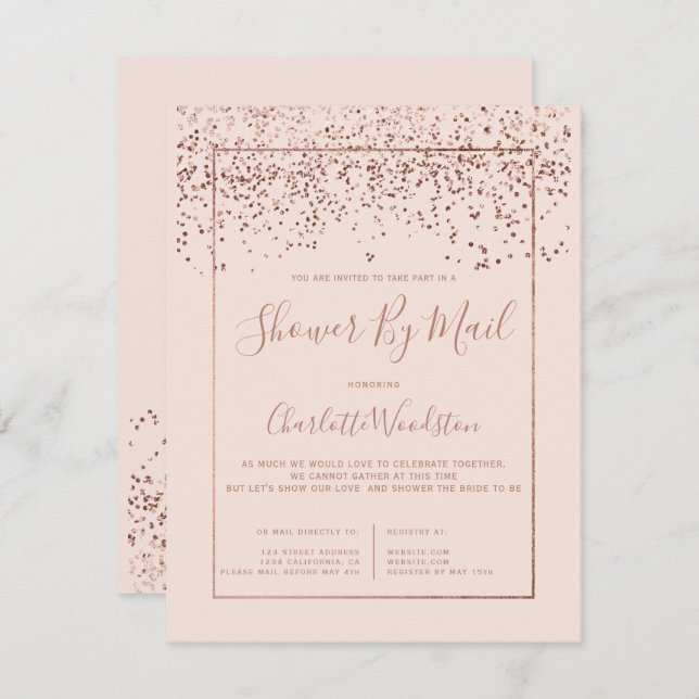 Rose gold Konfetti Erröten Brautparty per Post Einladung (Vorne/Hinten)