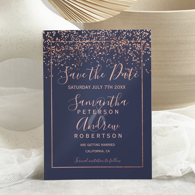 Rose Gold Konfetti Marine Blau Save the Date Hochz (Von Creator hochgeladen)