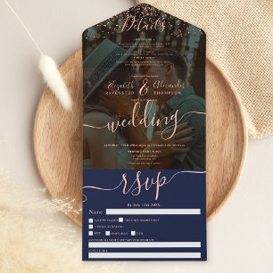 Rose Gold Konfetti Marine Blue Script Foto Hochzei All In One Einladung