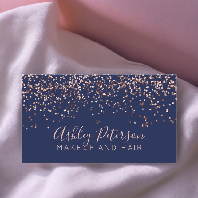 Rose Gold Konfetti Marine Haar Make-up Typografie Visitenkarte (Rose gold confetti navy hair makeup typography business card)