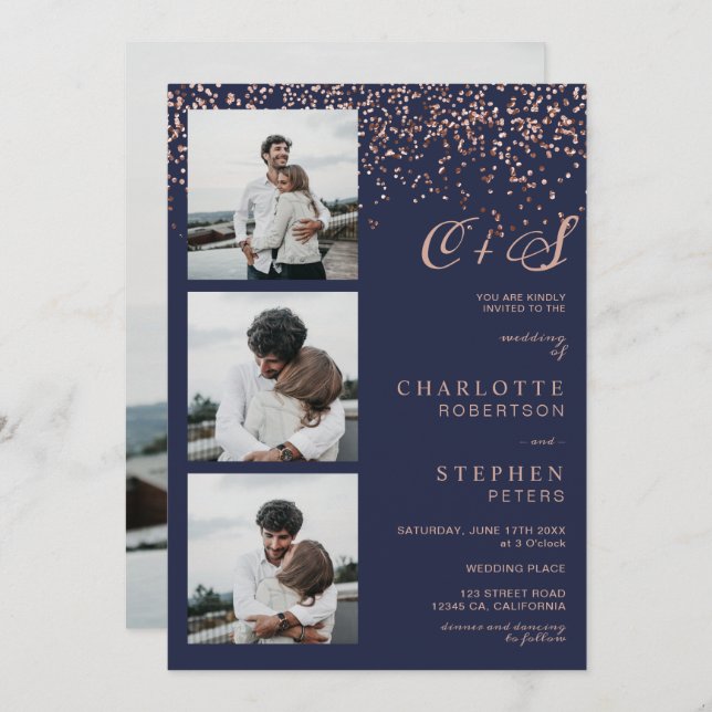 Rose Gold Konfetti Marine Initialen Fotos Hochzeit Einladung (Vorne/Hinten)